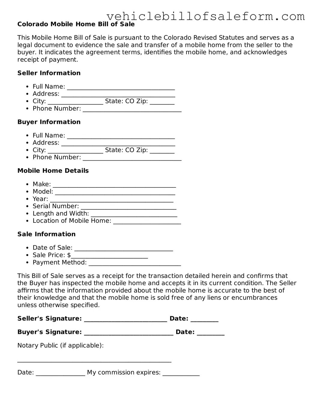 Printable  Mobile Home Bill of Sale Template for Colorado