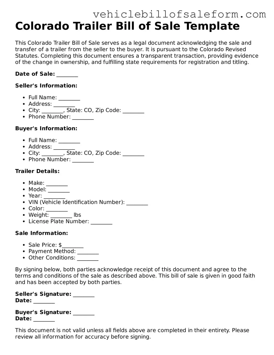Printable  Trailer Bill of Sale Template for Colorado