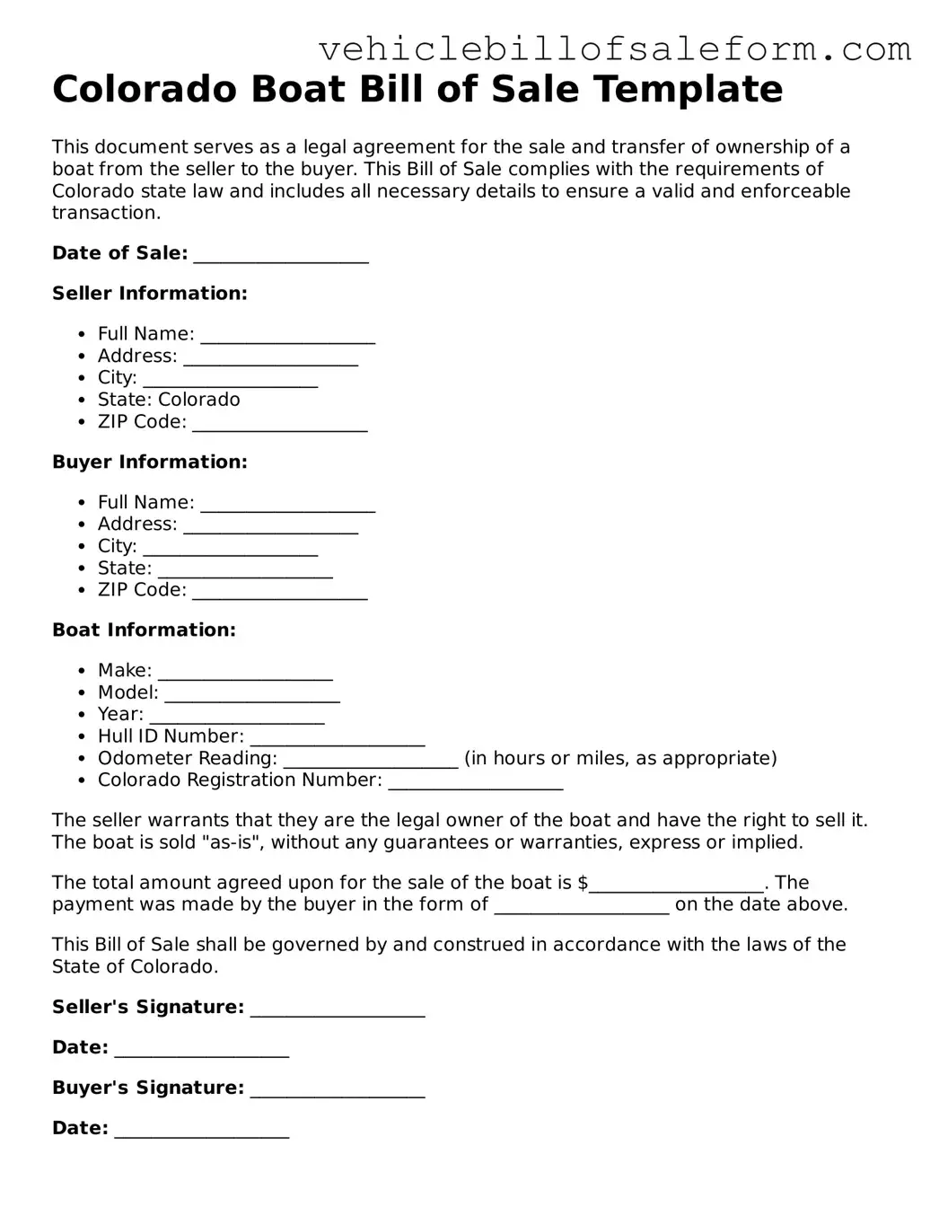 Printable  Boat Bill of Sale Template for Colorado
