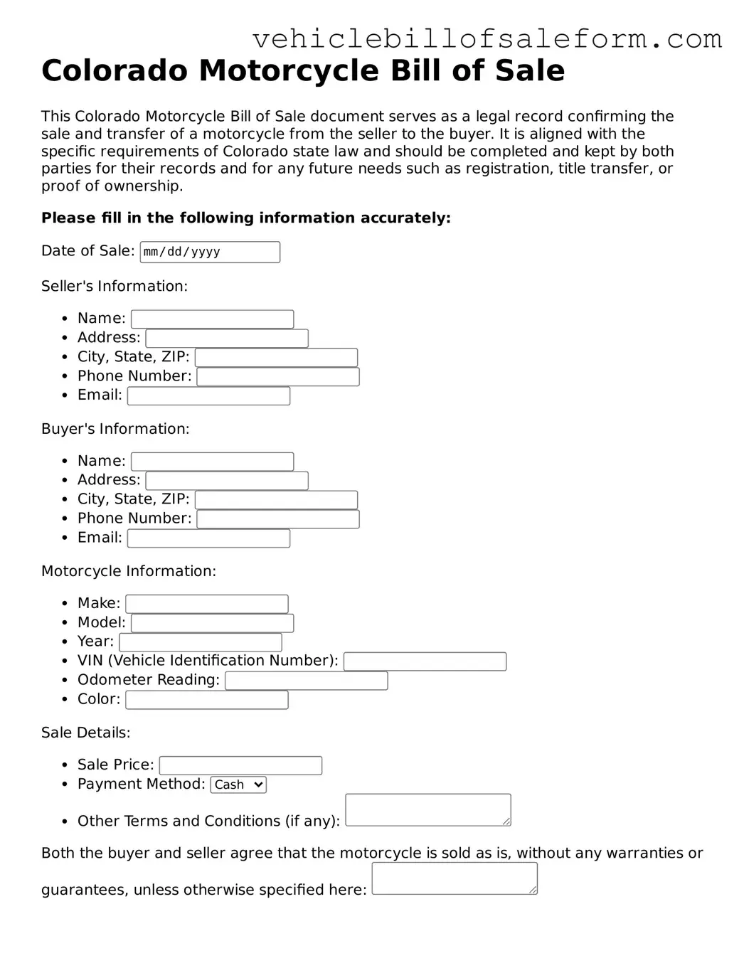 Printable  Motorcycle Bill of Sale Template for Colorado