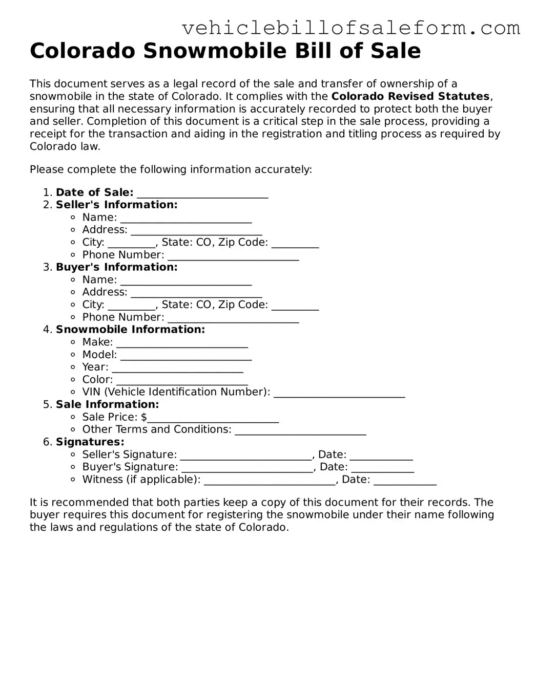 Printable  Snowmobile Bill of Sale Template for Colorado