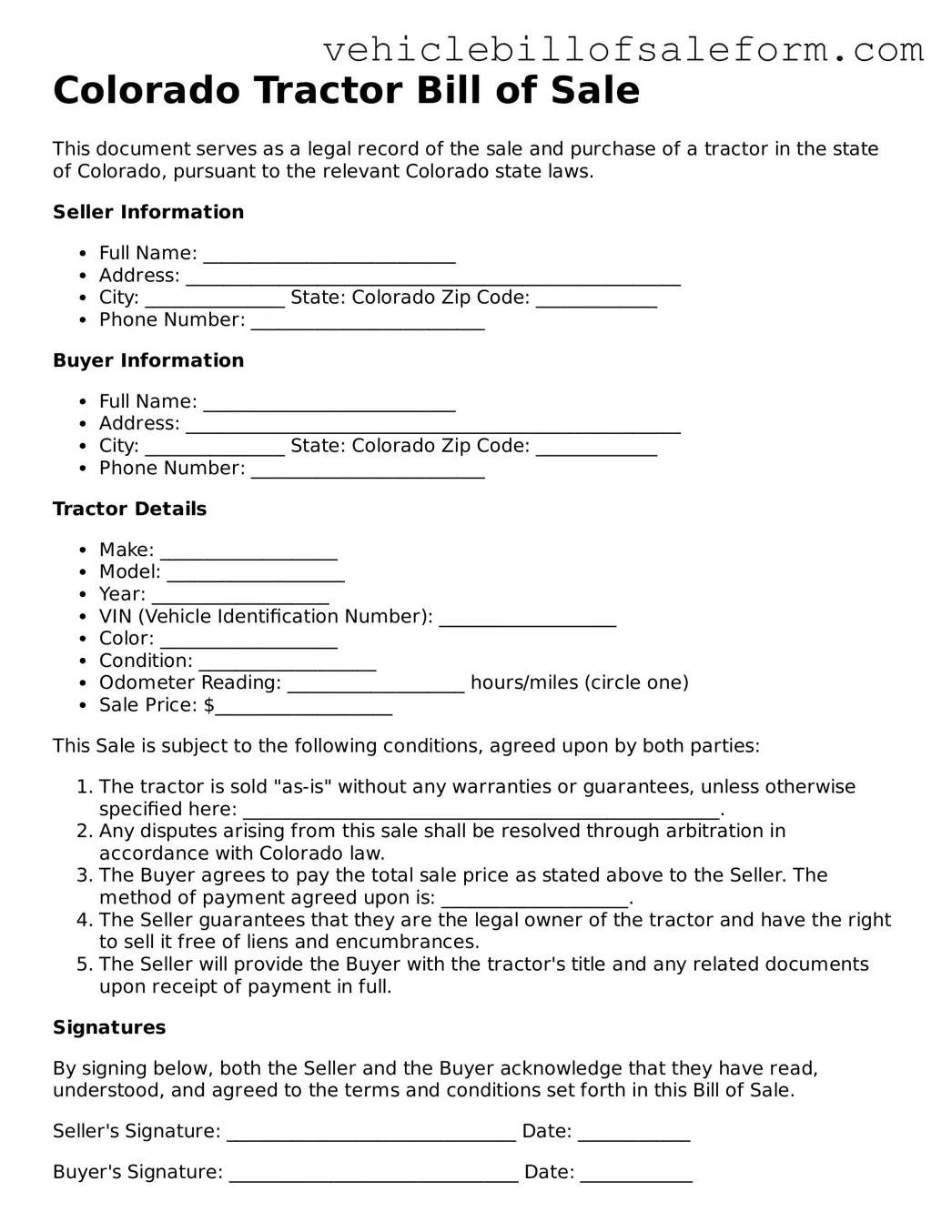 Printable  Tractor Bill of Sale Template for Colorado