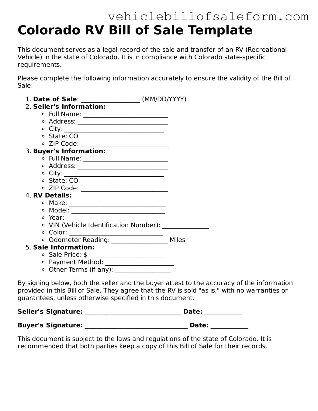 Printable  RV Bill of Sale Template for Colorado