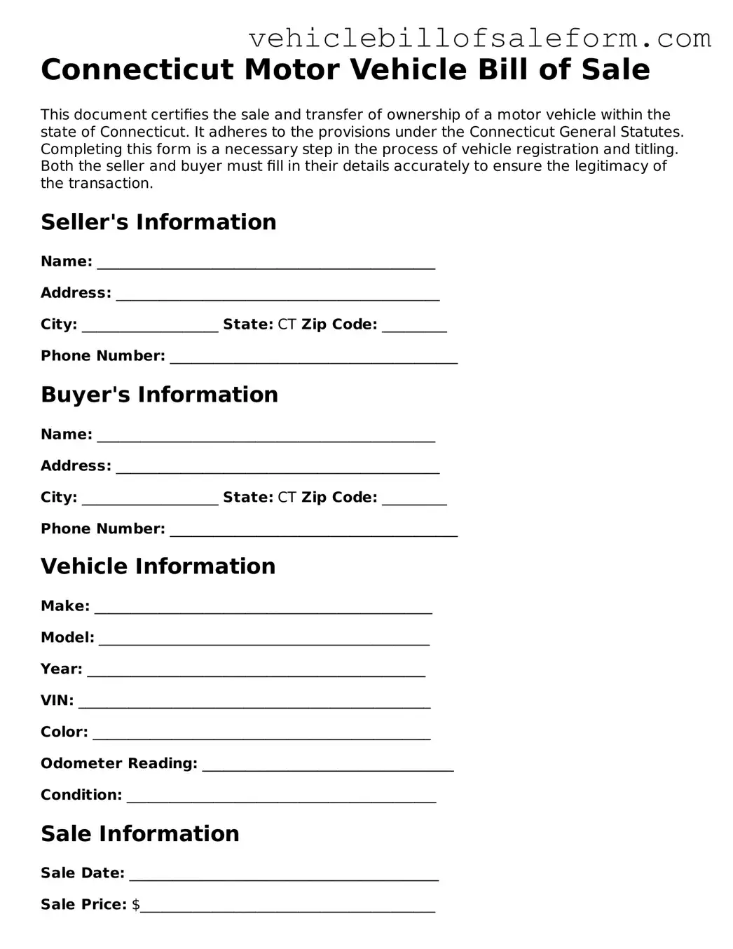 Printable  Motor Vehicle Bill of Sale Template for Connecticut