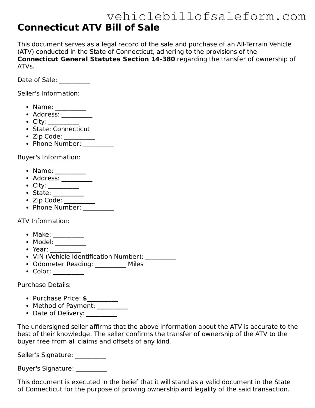 Printable  ATV Bill of Sale Template for Connecticut