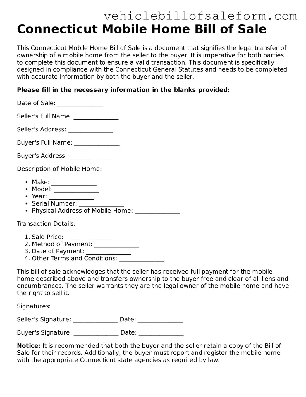 Printable  Mobile Home Bill of Sale Template for Connecticut