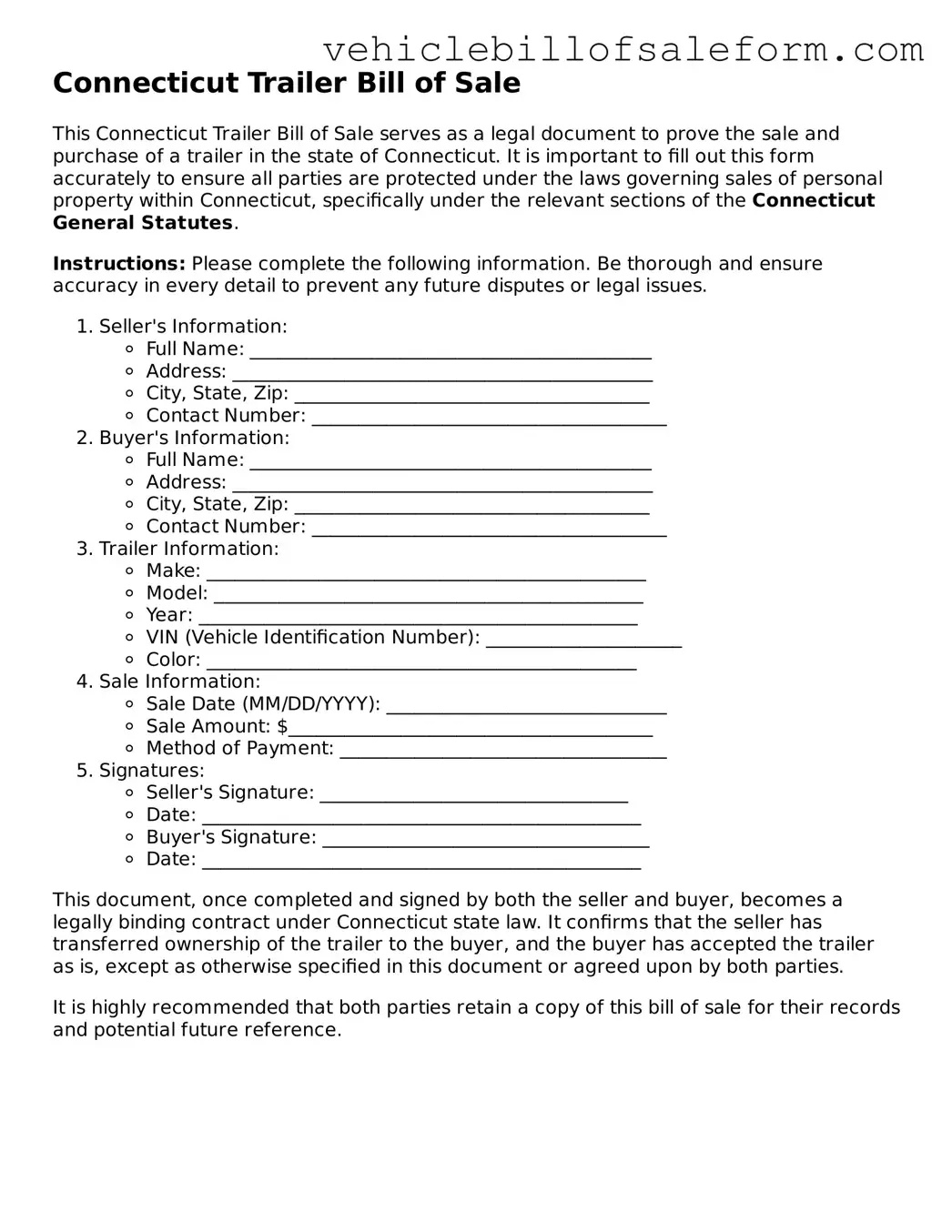 Printable  Trailer Bill of Sale Template for Connecticut