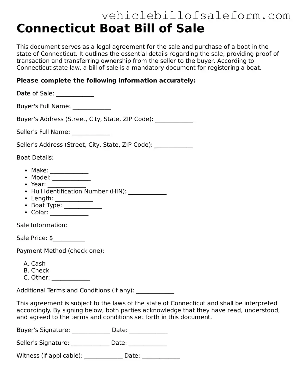 Printable  Boat Bill of Sale Template for Connecticut