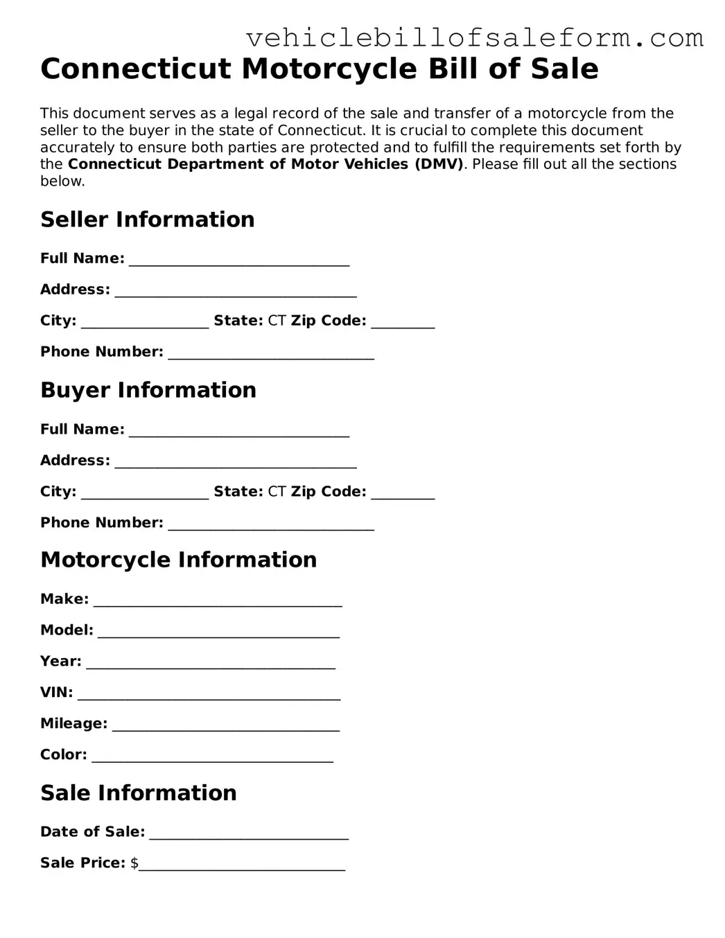 Printable  Motorcycle Bill of Sale Template for Connecticut