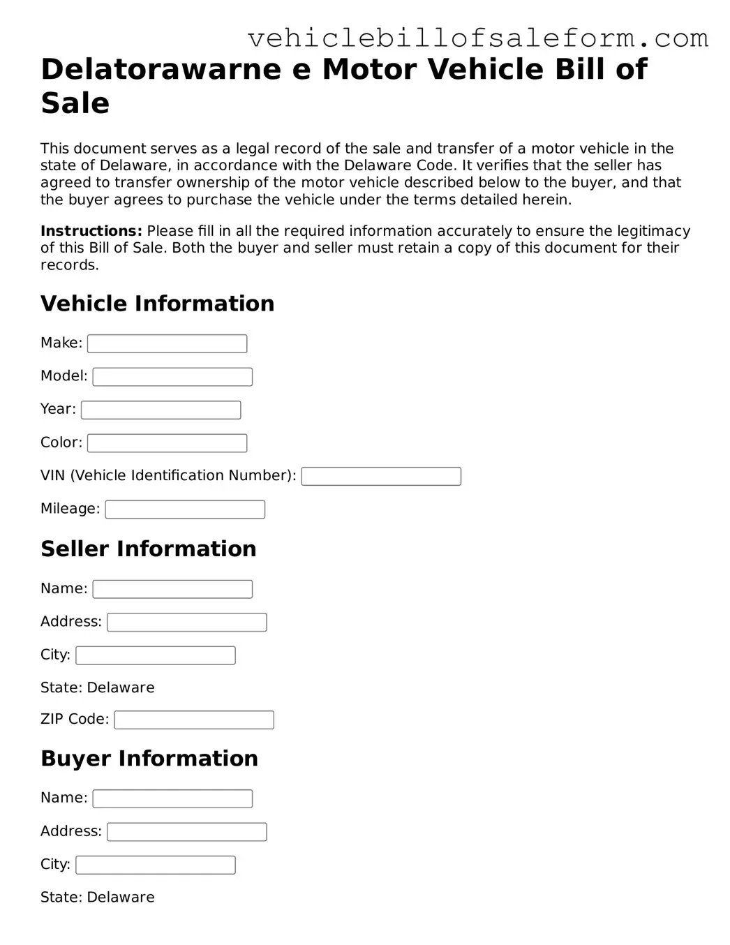 Printable  Motor Vehicle Bill of Sale Template for Delaware
