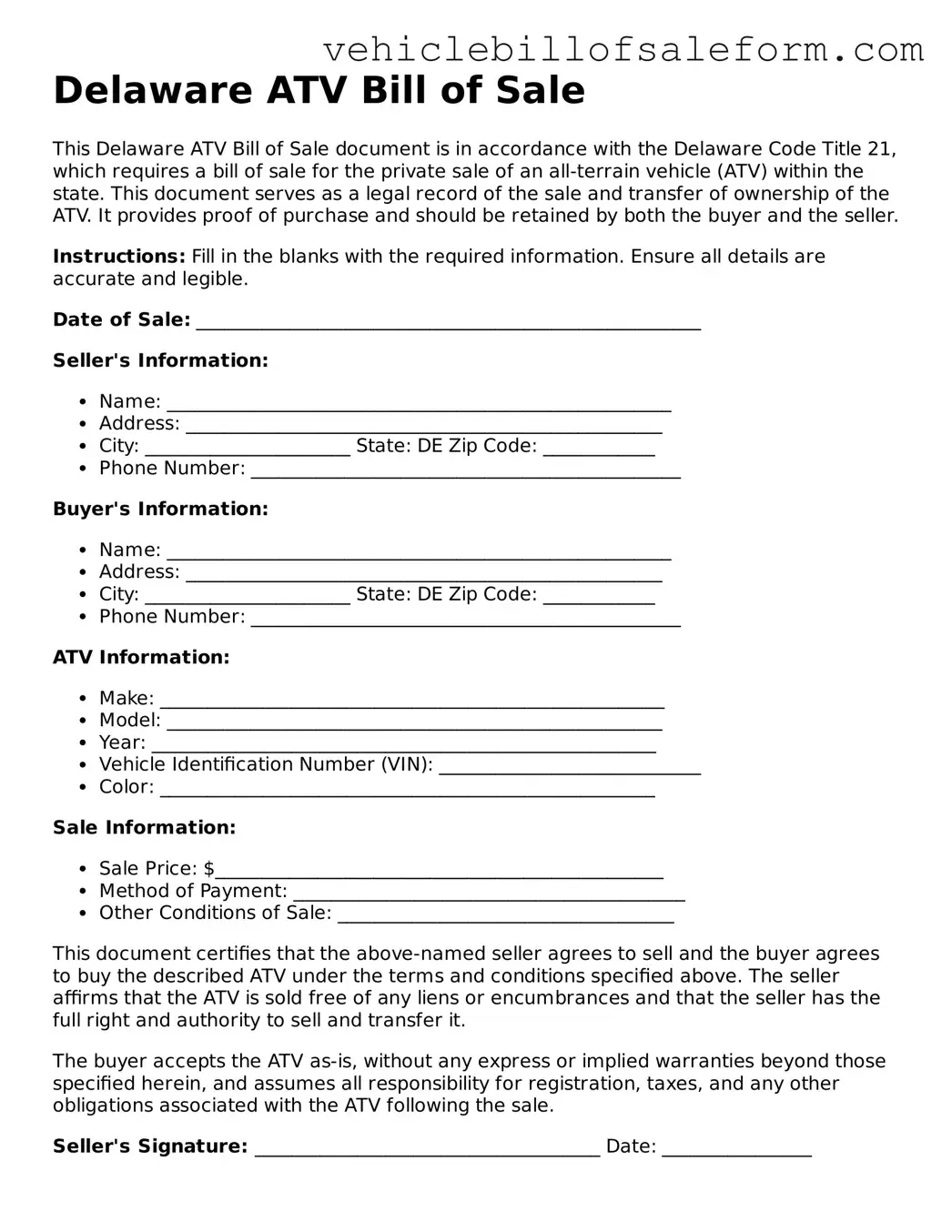 Printable  ATV Bill of Sale Template for Delaware