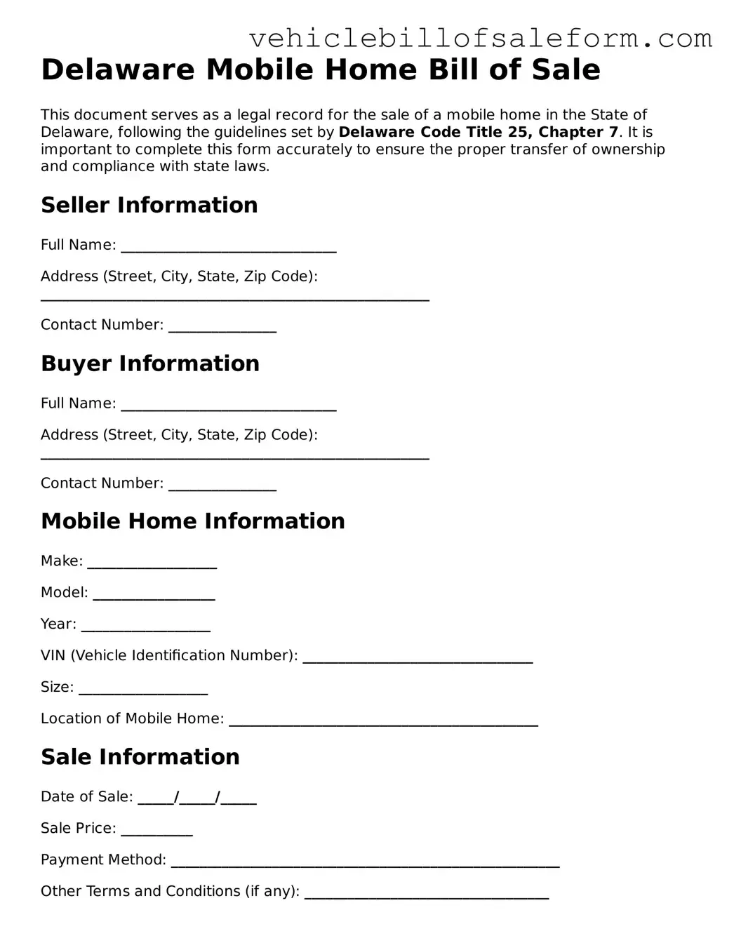 Printable  Mobile Home Bill of Sale Template for Delaware