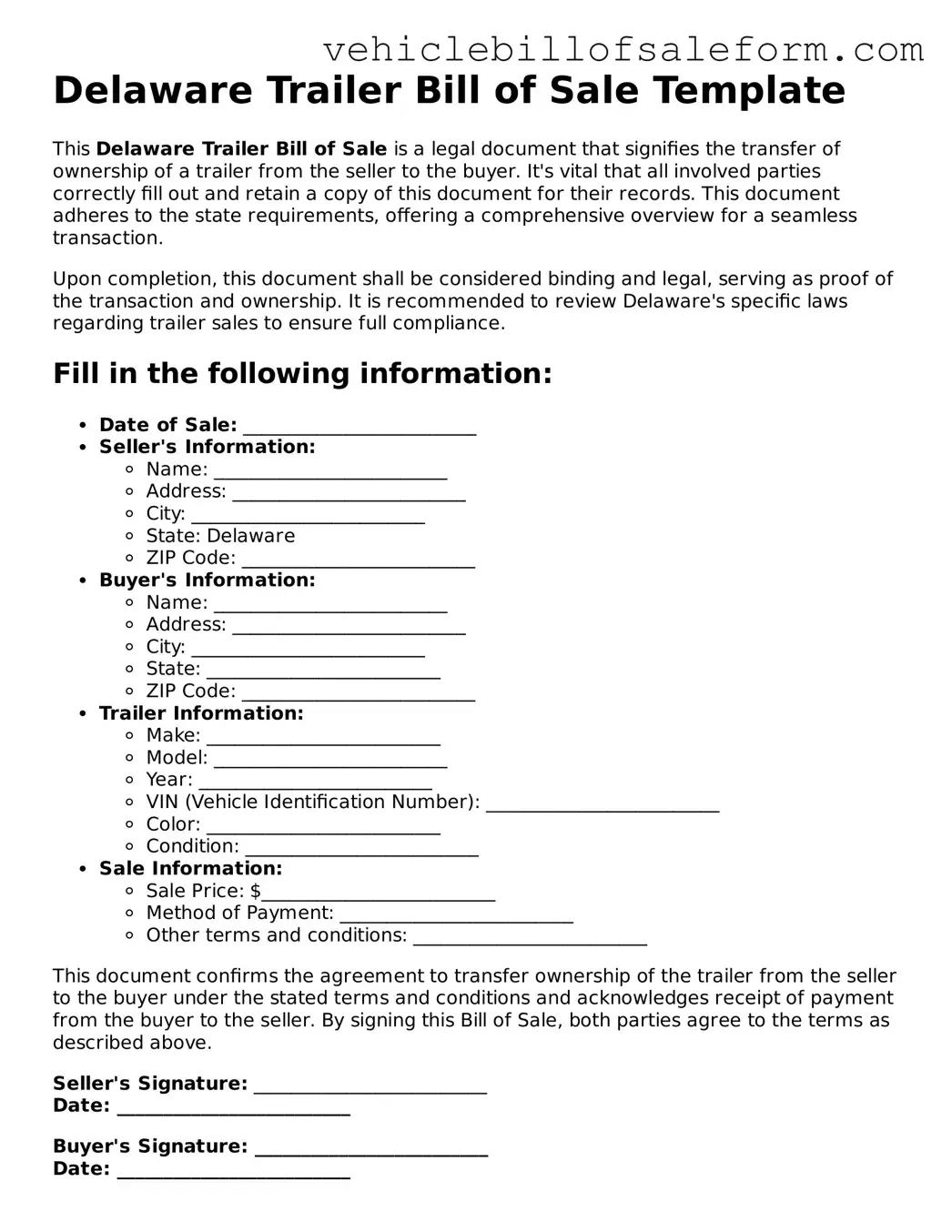 Printable  Trailer Bill of Sale Template for Delaware