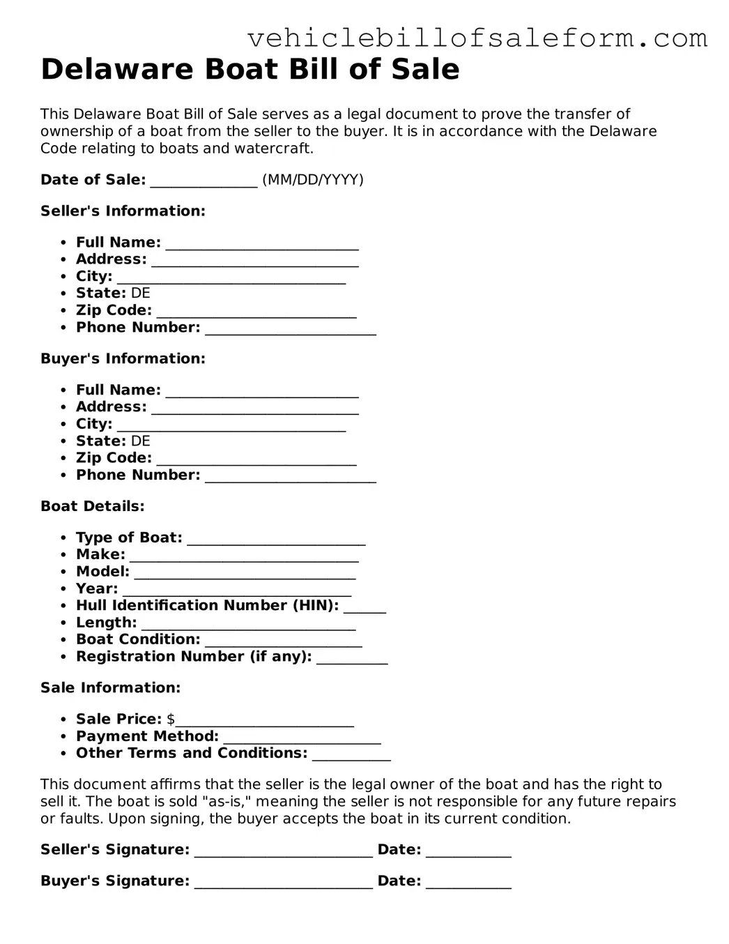 Printable  Boat Bill of Sale Template for Delaware