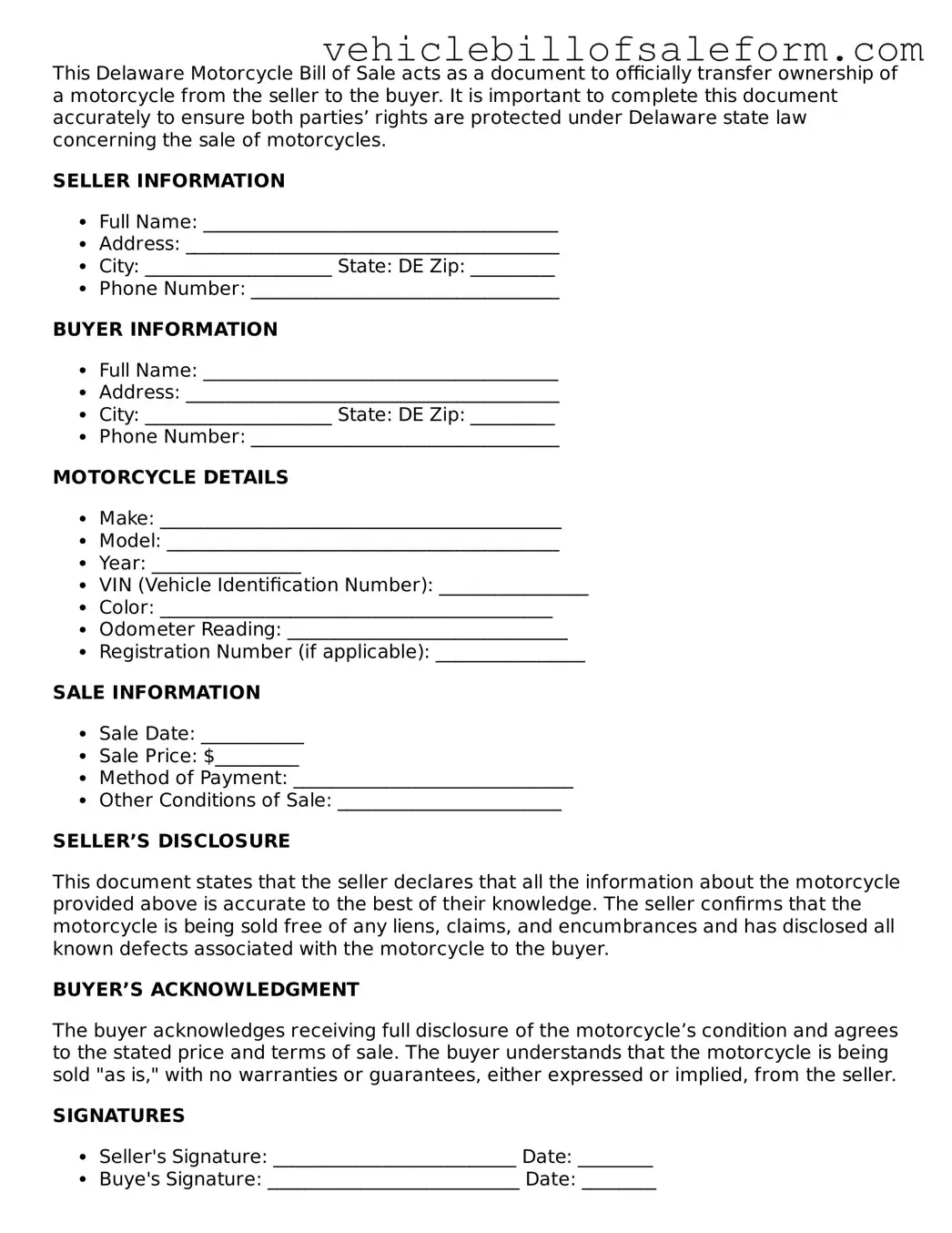 Printable  Motorcycle Bill of Sale Template for Delaware