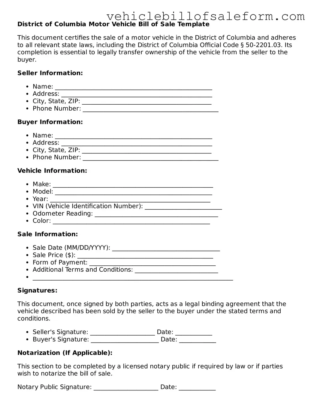 Printable  Motor Vehicle Bill of Sale Template for District of Columbia