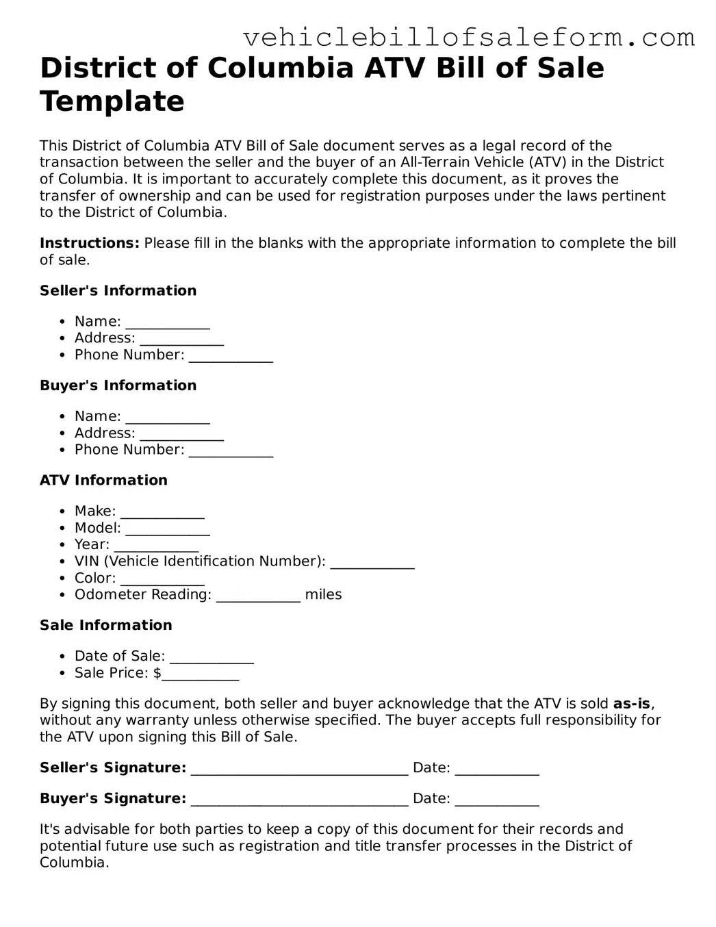 Printable  ATV Bill of Sale Template for District of Columbia