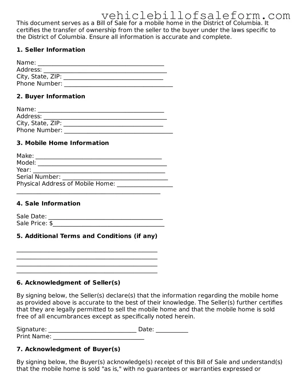 Printable  Mobile Home Bill of Sale Template for District of Columbia