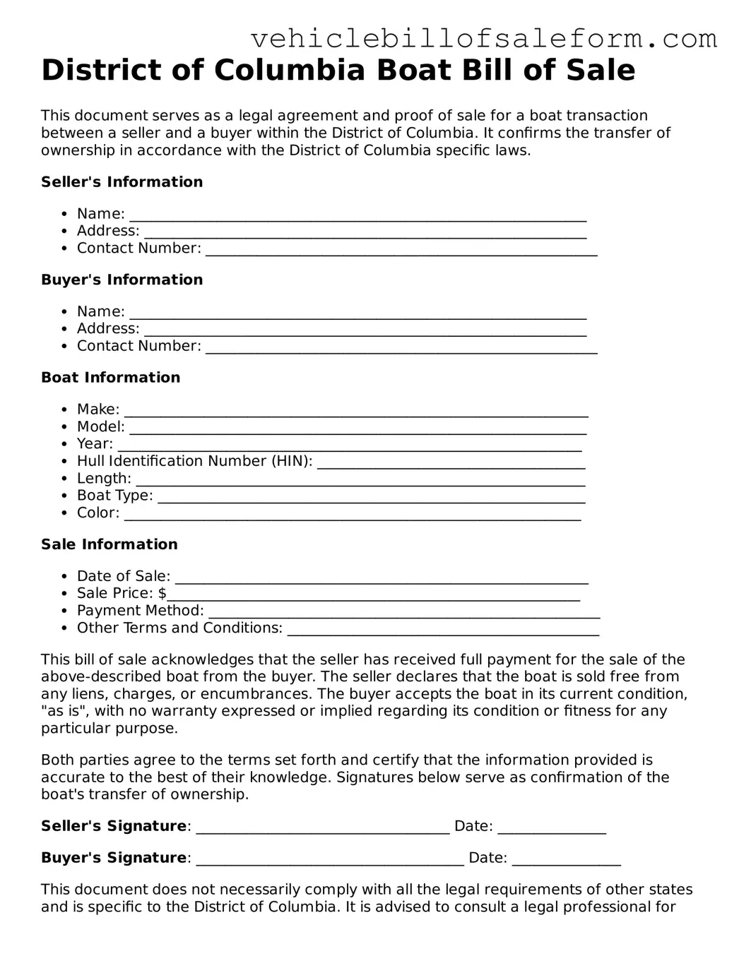 Printable  Boat Bill of Sale Template for District of Columbia