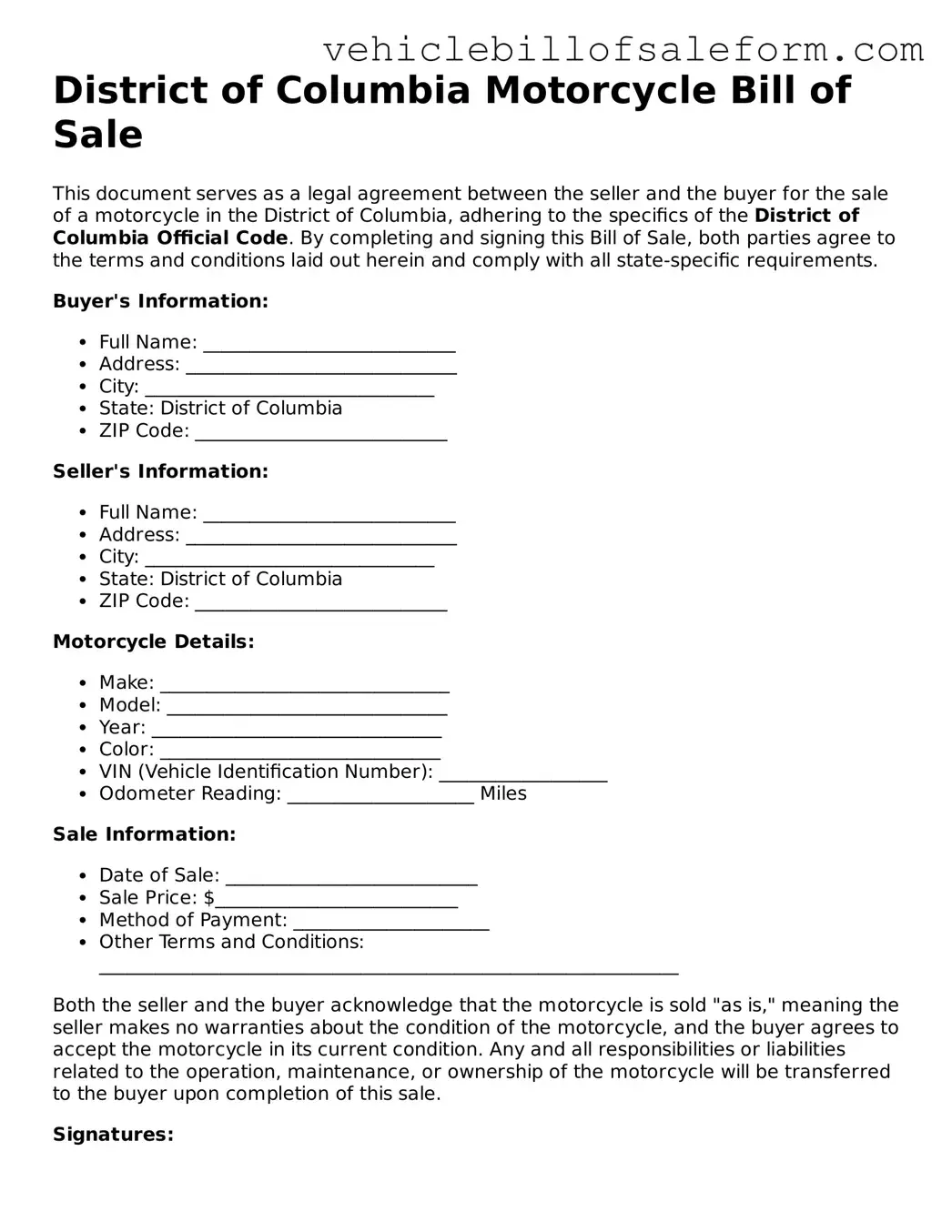 Printable  Motorcycle Bill of Sale Template for District of Columbia