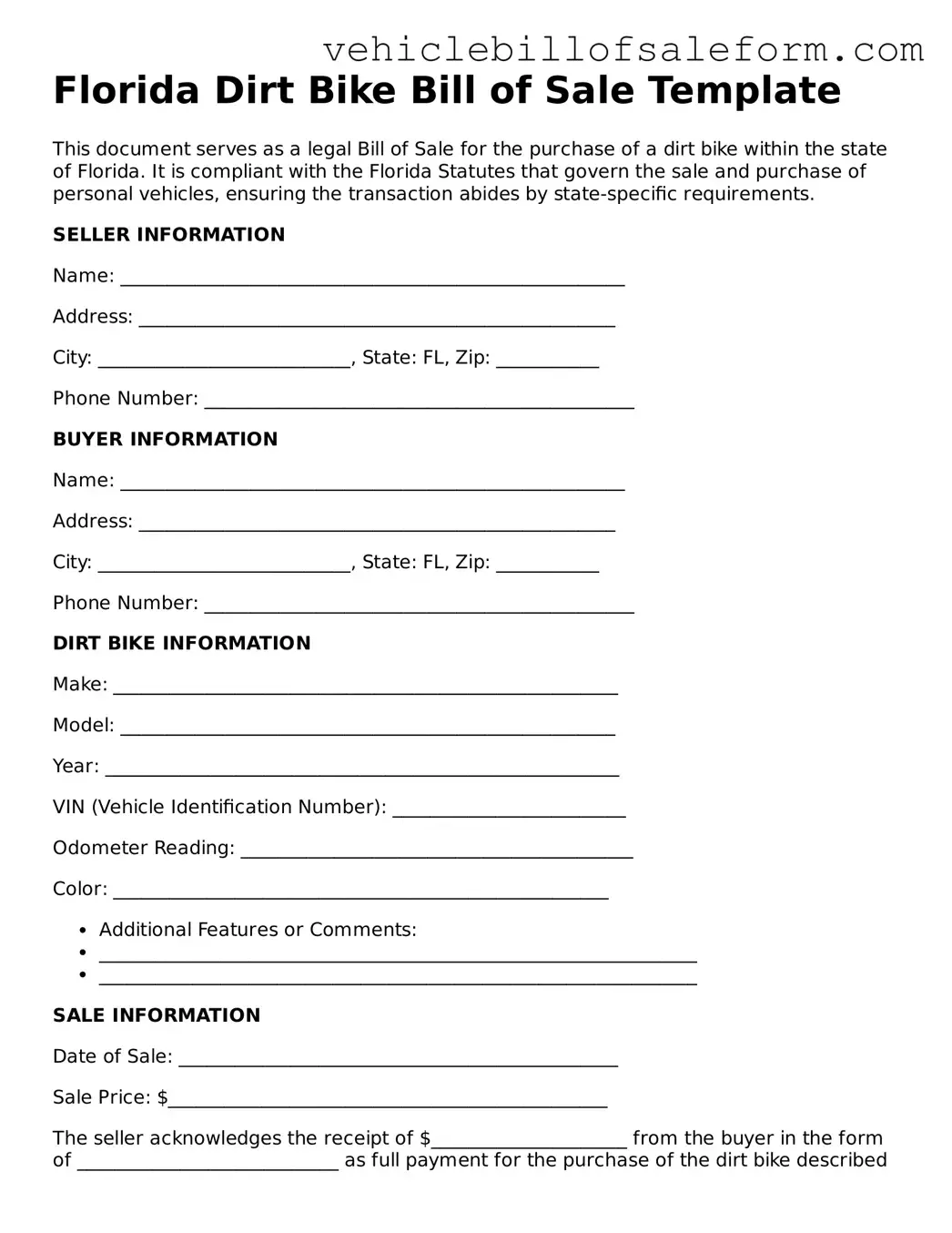 Printable  Dirt Bike Bill of Sale Template for Florida