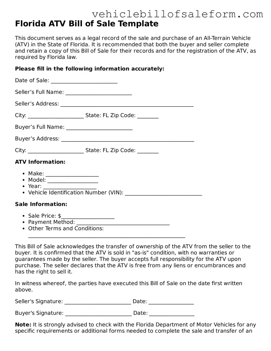 Printable  ATV Bill of Sale Template for Florida