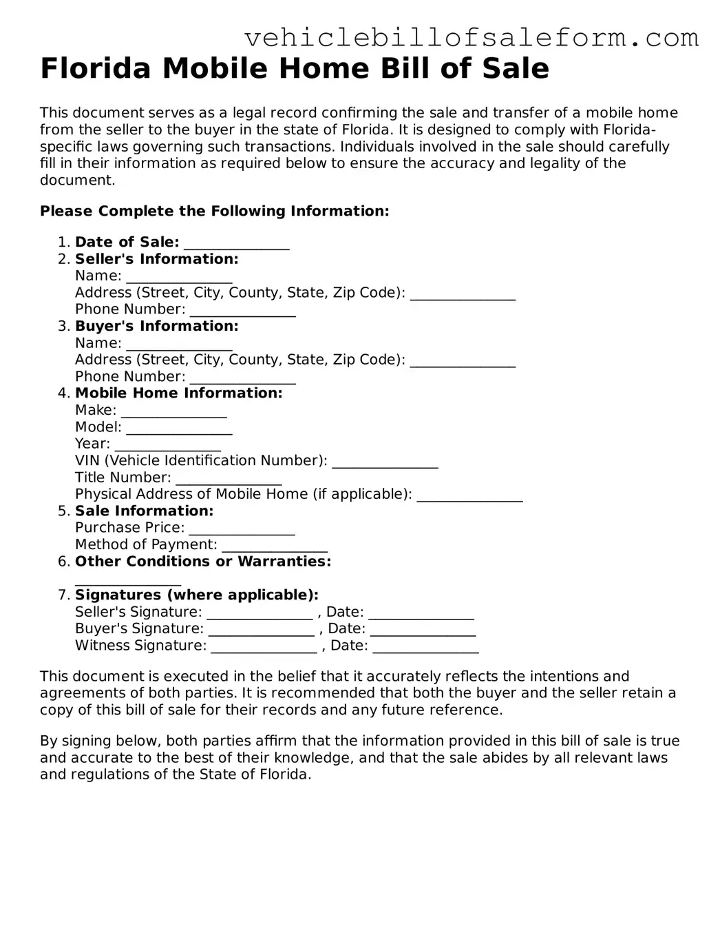 Printable  Mobile Home Bill of Sale Template for Florida
