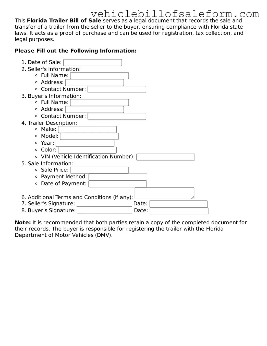 Printable  Trailer Bill of Sale Template for Florida