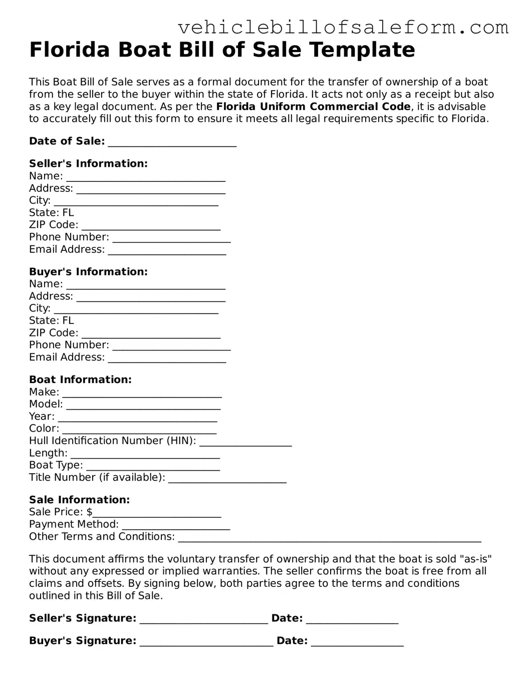 Printable  Boat Bill of Sale Template for Florida