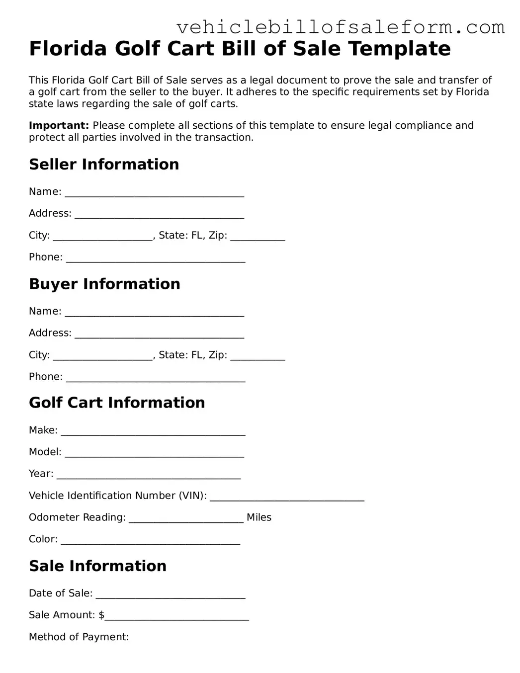 Printable  Golf Cart Bill of Sale Template for Florida