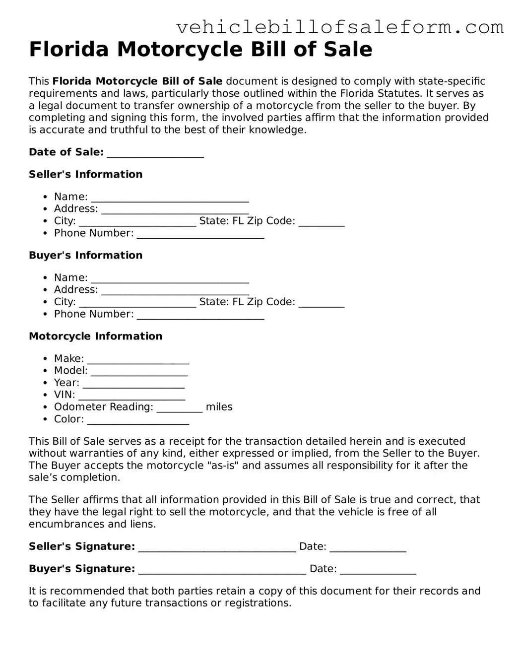 Printable  Motorcycle Bill of Sale Template for Florida