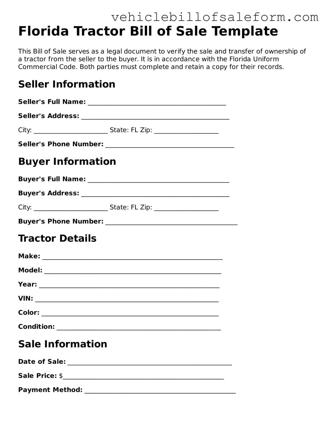 Printable  Tractor Bill of Sale Template for Florida