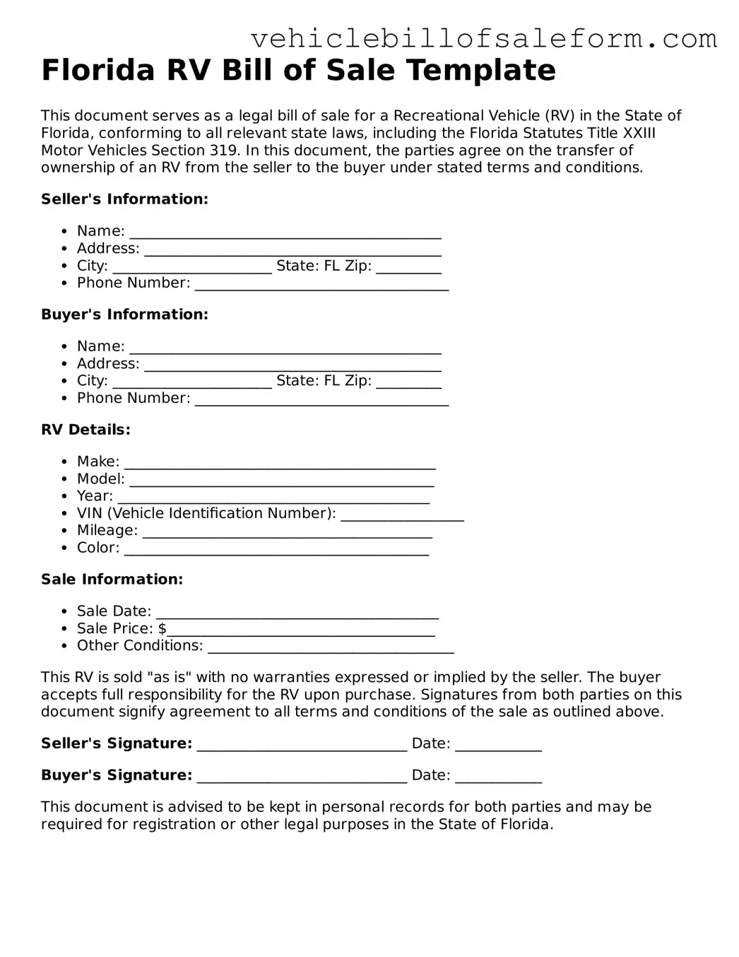 Printable  RV Bill of Sale Template for Florida