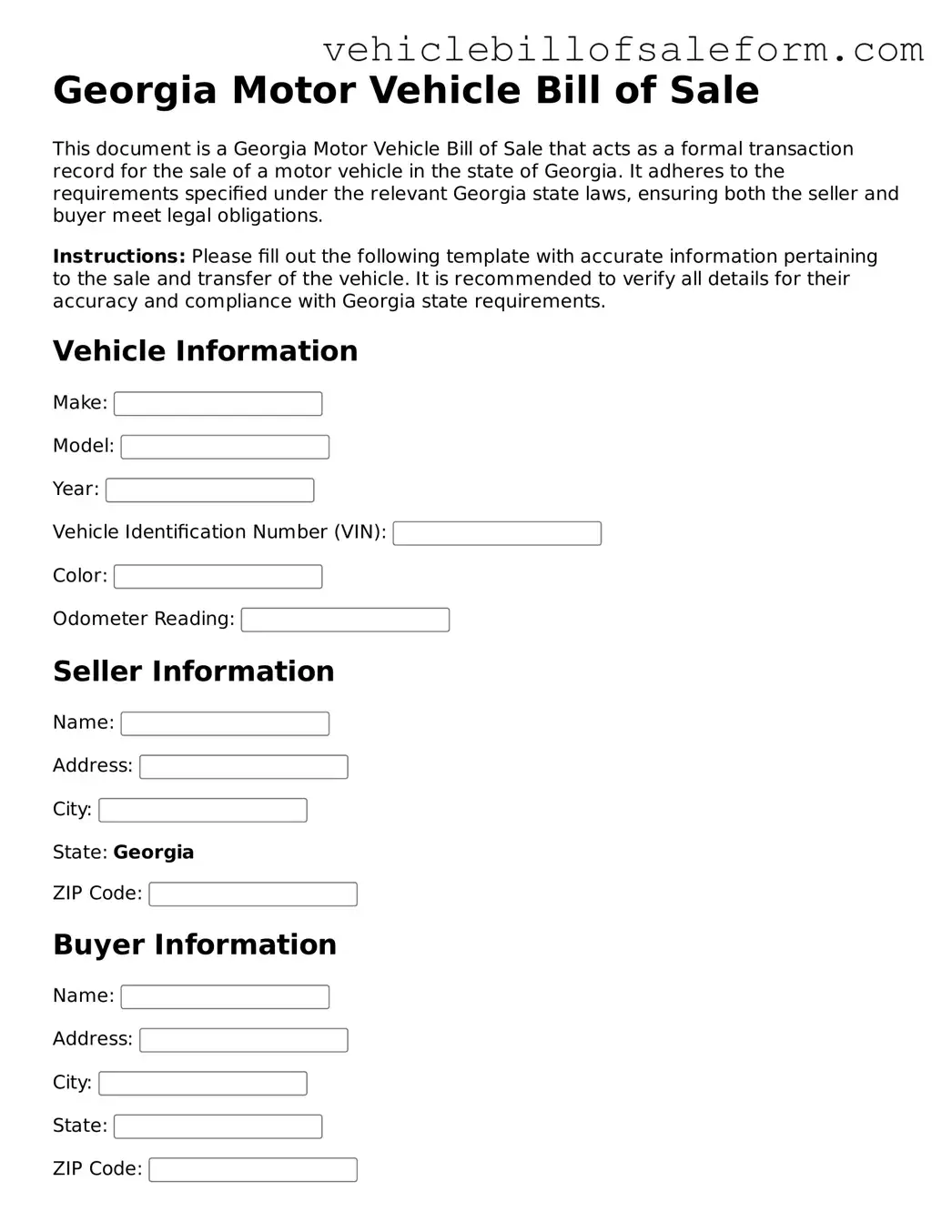 Printable  Motor Vehicle Bill of Sale Template for Georgia