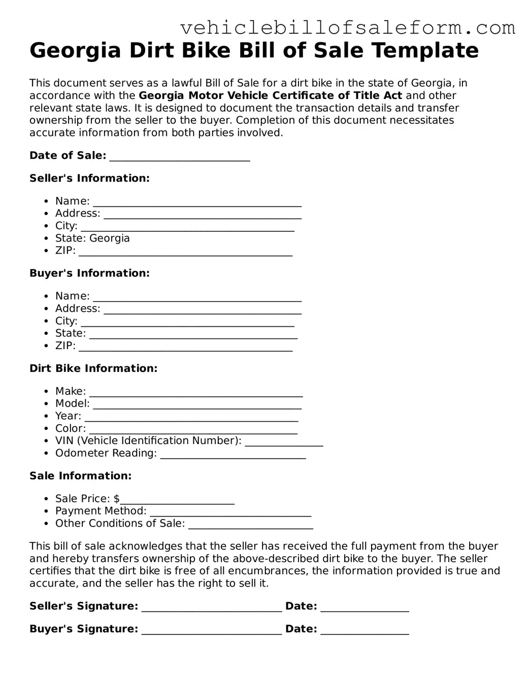 Printable  Dirt Bike Bill of Sale Template for Georgia