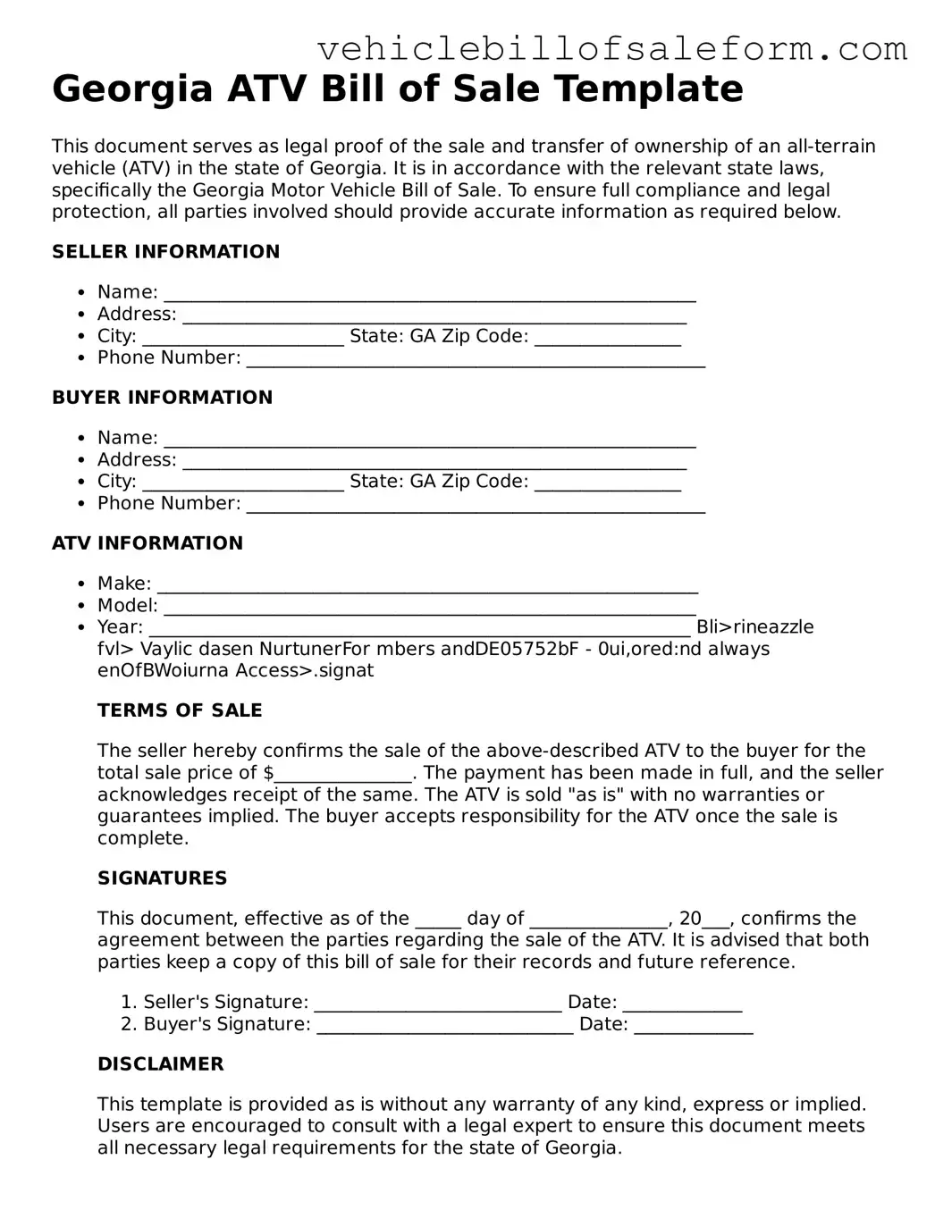 Printable  ATV Bill of Sale Template for Georgia