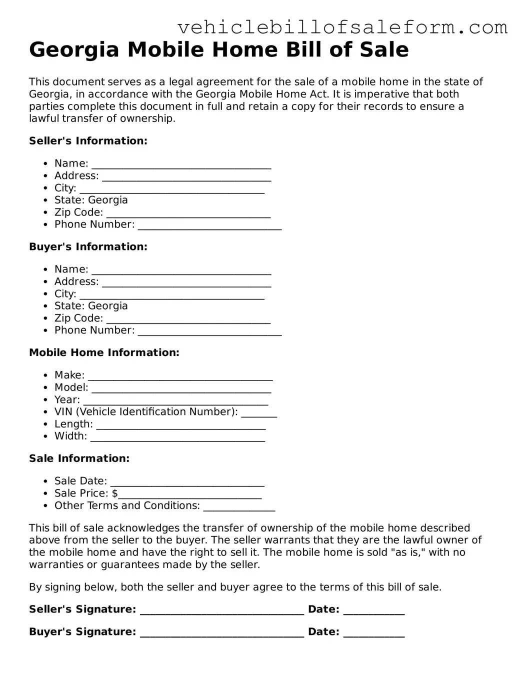 Printable  Mobile Home Bill of Sale Template for Georgia