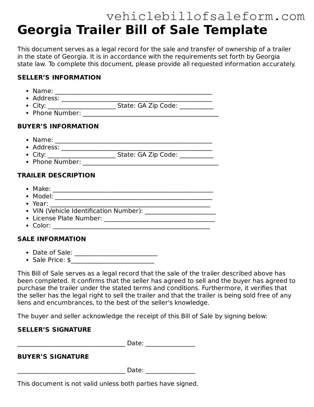 Printable  Trailer Bill of Sale Template for Georgia