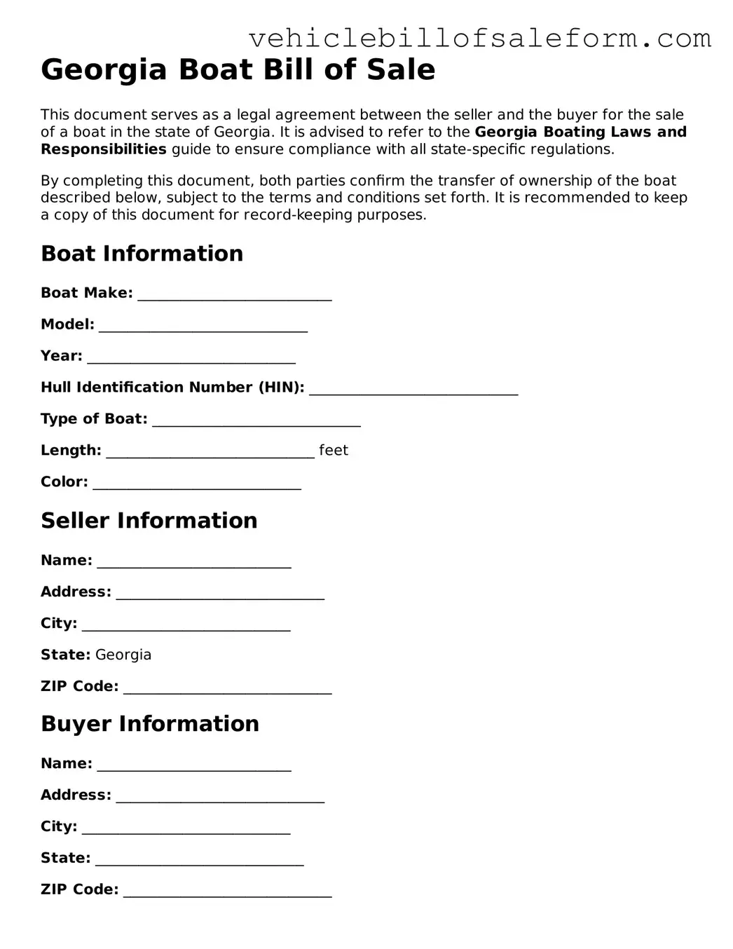 Printable  Boat Bill of Sale Template for Georgia