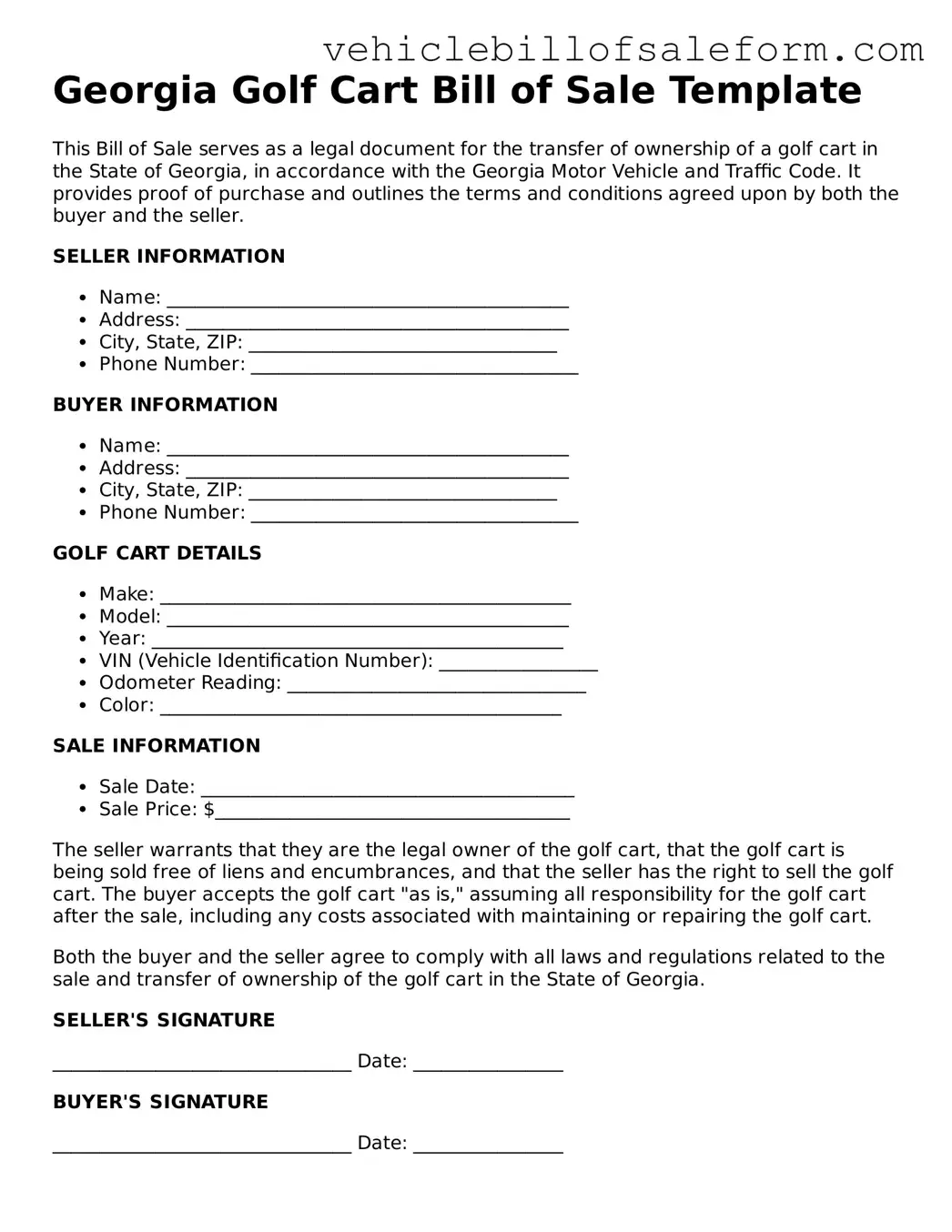 Printable  Golf Cart Bill of Sale Template for Georgia