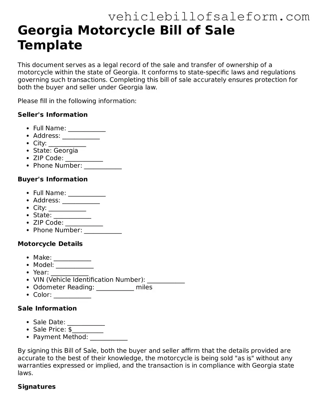 Printable  Motorcycle Bill of Sale Template for Georgia