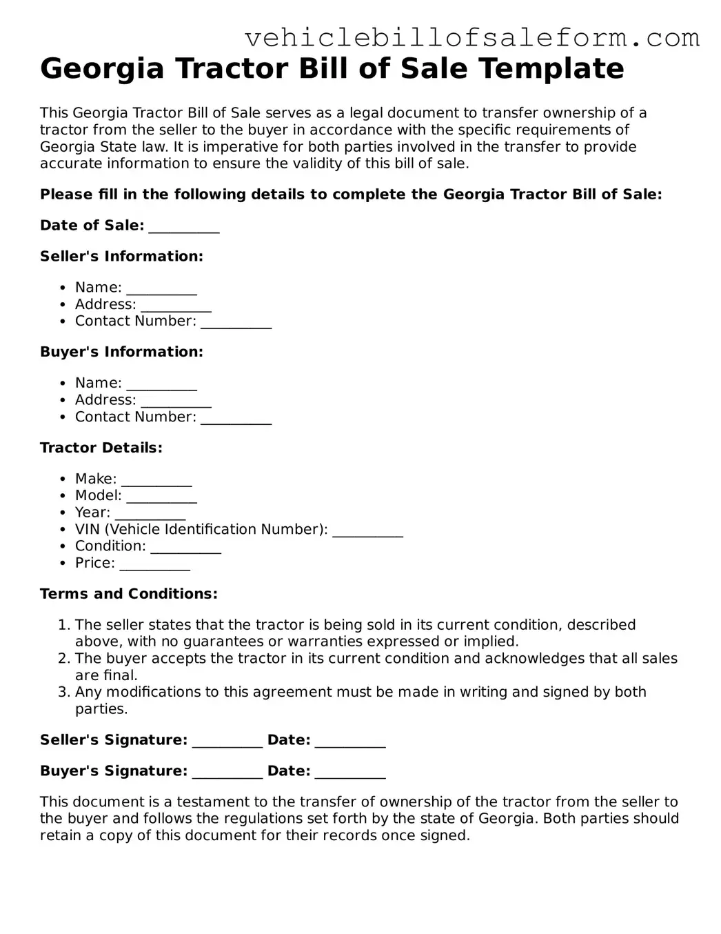 Printable  Tractor Bill of Sale Template for Georgia