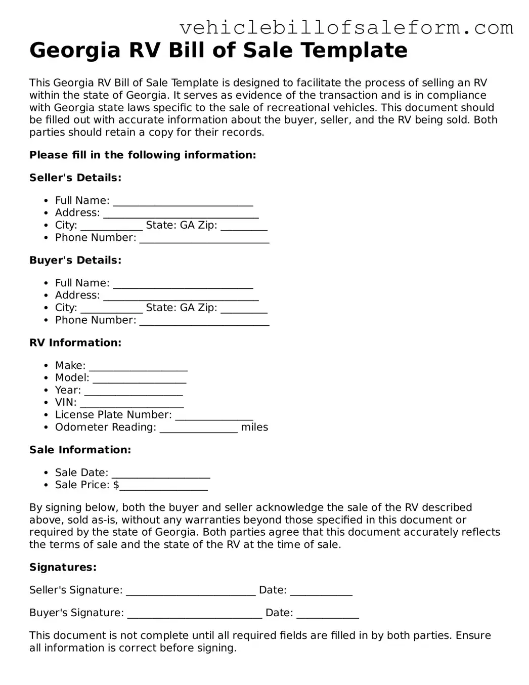 Printable  RV Bill of Sale Template for Georgia