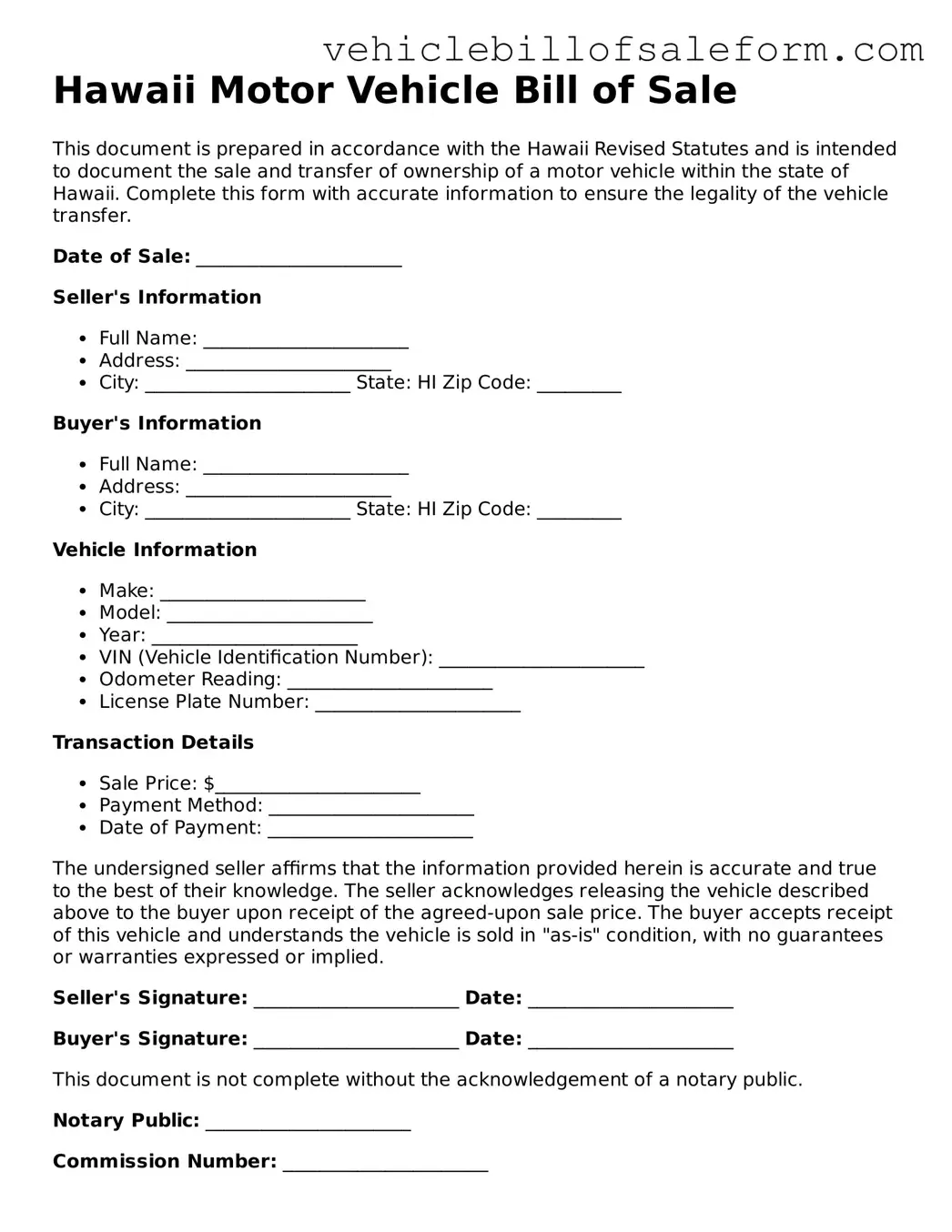 Printable  Motor Vehicle Bill of Sale Template for Hawaii