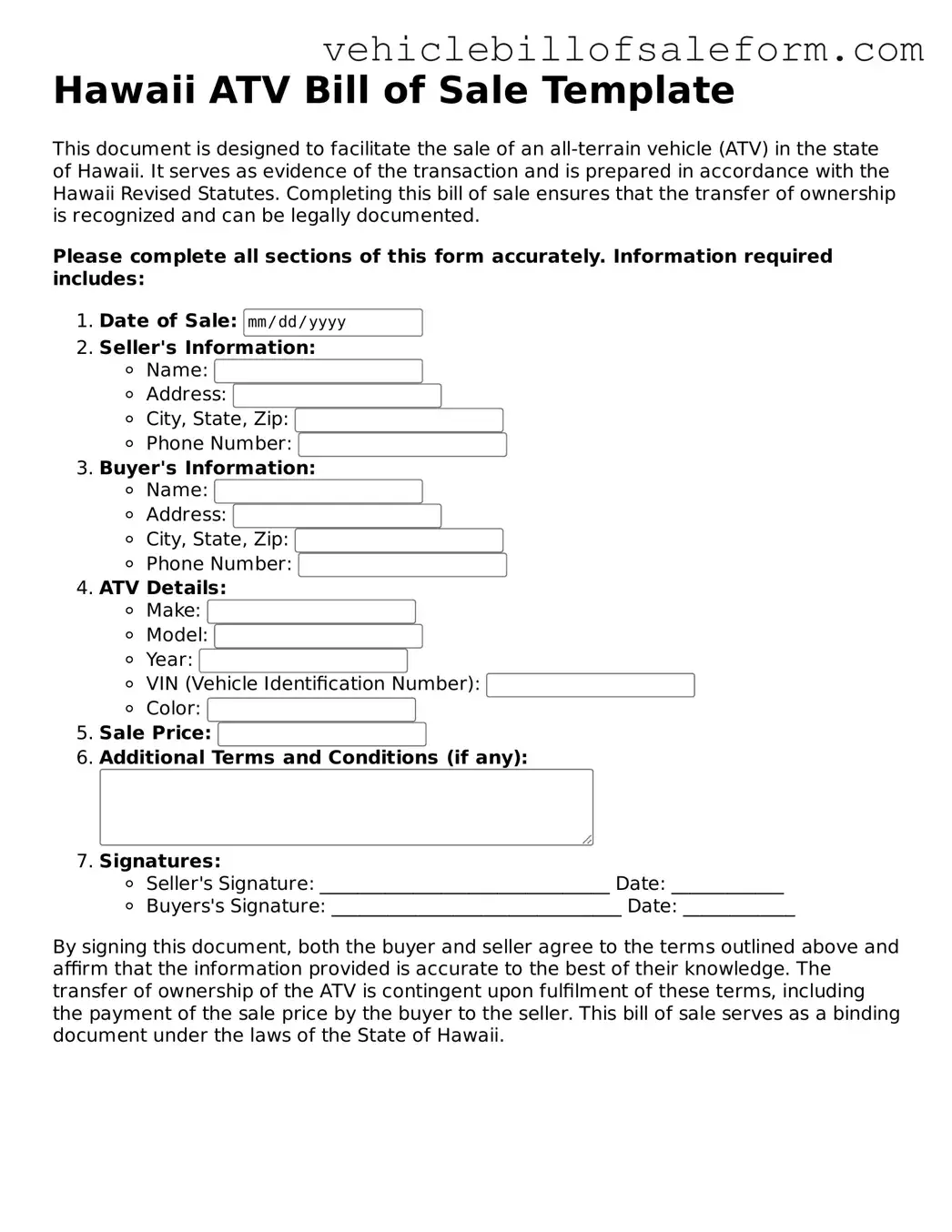 Printable  ATV Bill of Sale Template for Hawaii