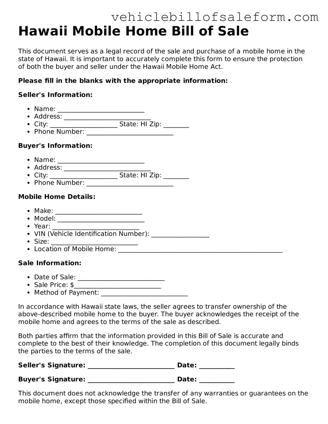 Printable  Mobile Home Bill of Sale Template for Hawaii
