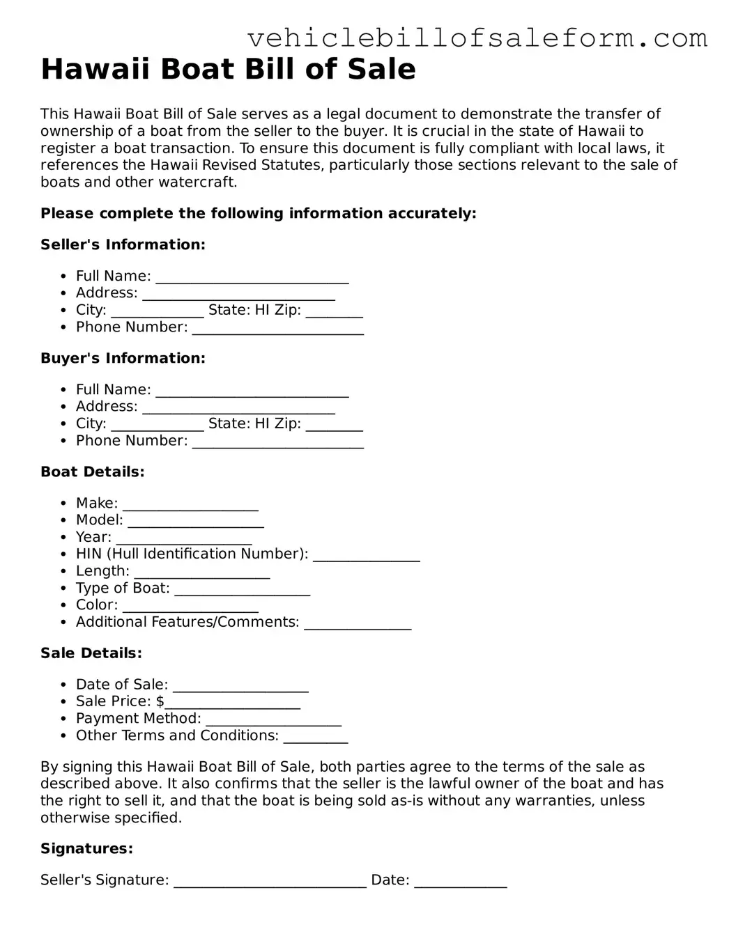 Printable  Boat Bill of Sale Template for Hawaii