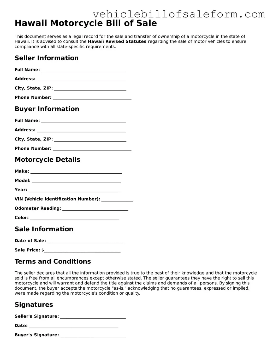 Printable  Motorcycle Bill of Sale Template for Hawaii