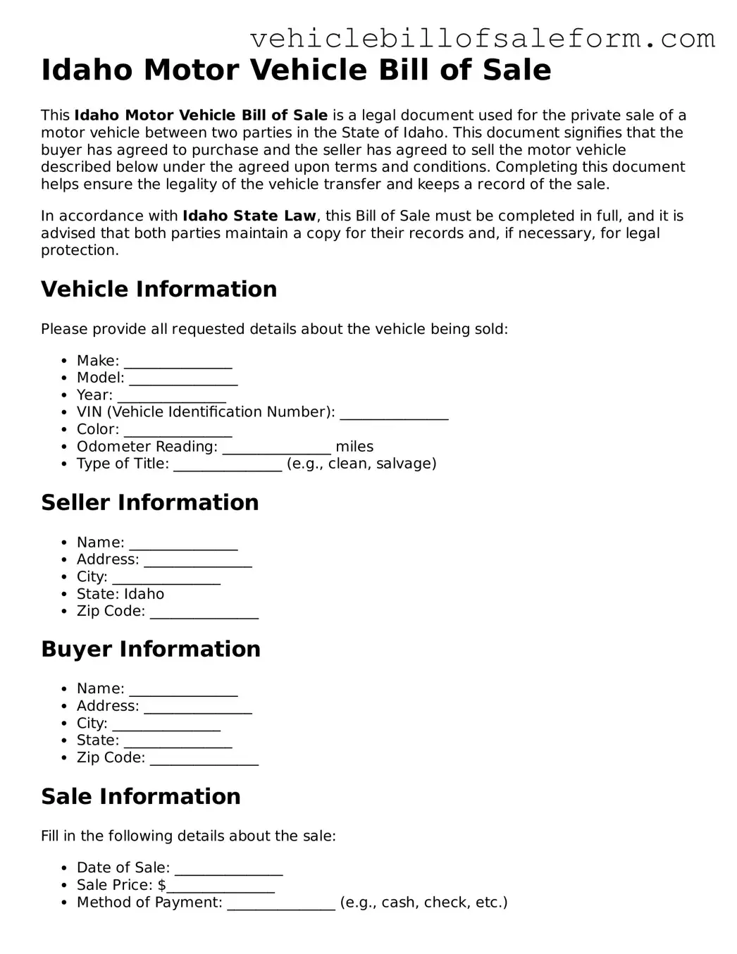 Printable  Motor Vehicle Bill of Sale Template for Idaho