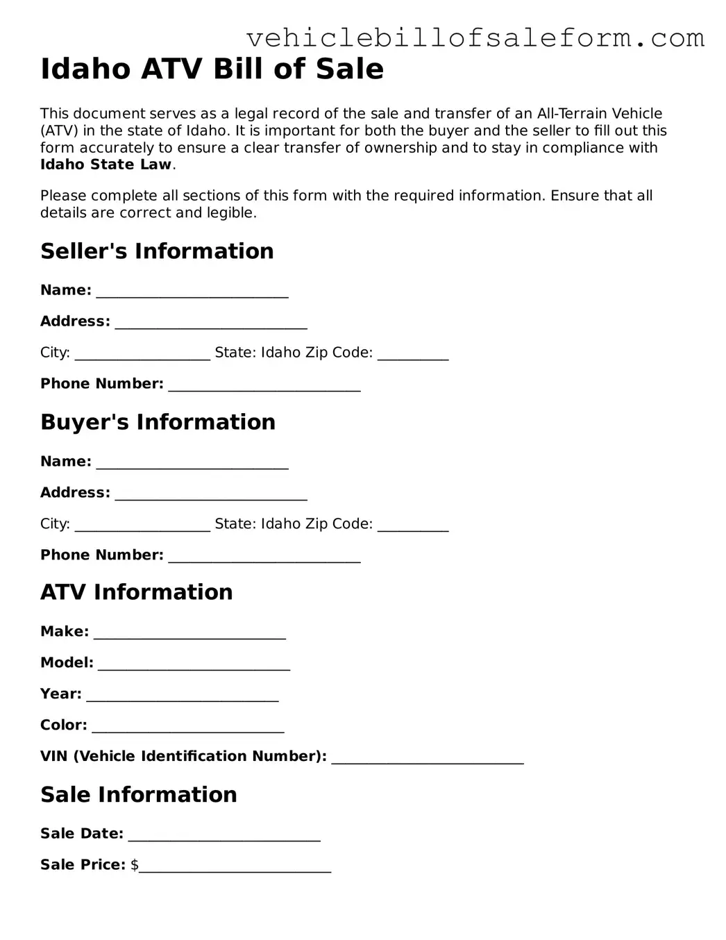 Printable  ATV Bill of Sale Template for Idaho